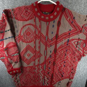 COOGI Australia Pure Wool Sweater Red Gray Pullover Knit Intricate Crew Neck Men